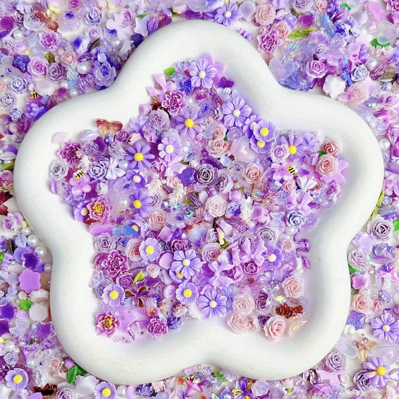 50pcs Mixed Style Nail Art Accessories, Rose Flower Charms, Small Floral Buds, Pearls, Bowknots, Leaves Embellishments For Nail Decoration